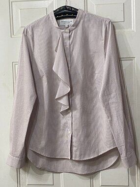 DEREK LAM Denim Sz L Womens Blouse Button Up Ruffle Long Sleeve Striped